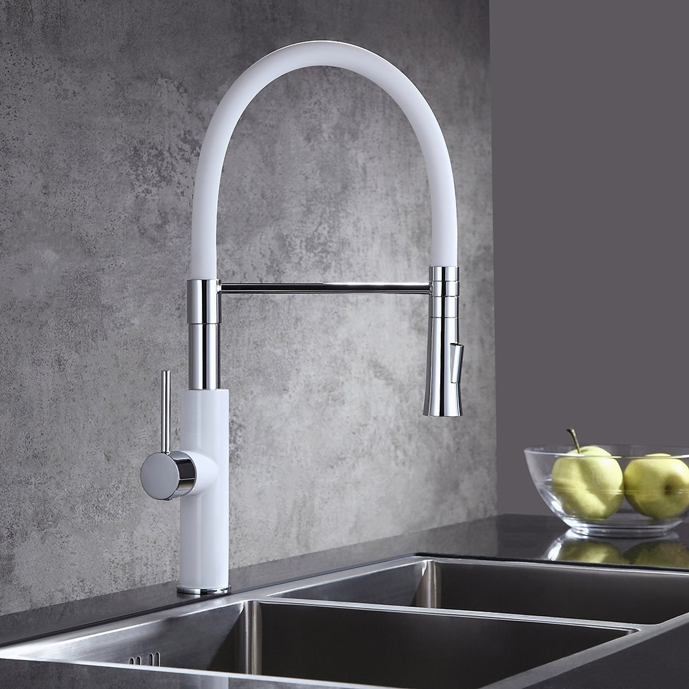 White Pull Down Kitchen Faucet
 Modern Sleek White & Chrome Pull Down Spray Kitchen Faucet