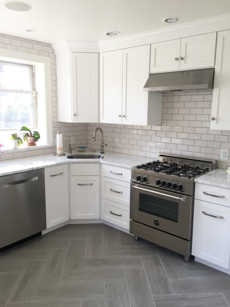 White Tile Kitchen Backsplash
 Gray & White Kitchen with Subway Tile Backsplash in