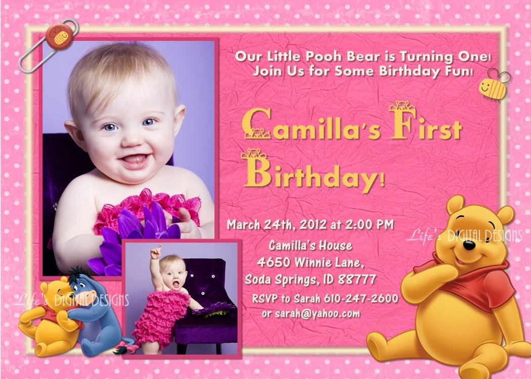 Winnie The Pooh 1st Birthday Invitations
 Winnie the Pooh First Birthday Invitation Pink 1 or 2