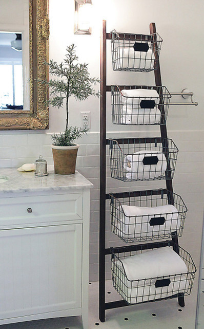 Wire Bathroom Storage
 Wood Ladder with 5 Wire Baskets Eclectic Bathroom