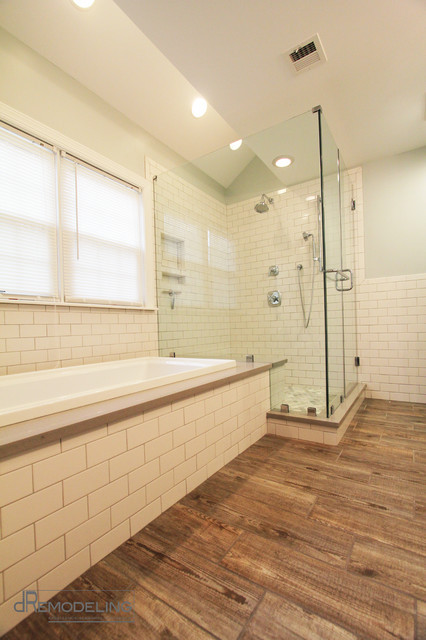 Wood Plank Tile Bathroom
 Ceramic "Wood" Plank Tile Transitional Bathroom