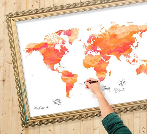World Map Wedding Guest Book
 Wedding Guest Book World Map Watercolor Custom Color Add