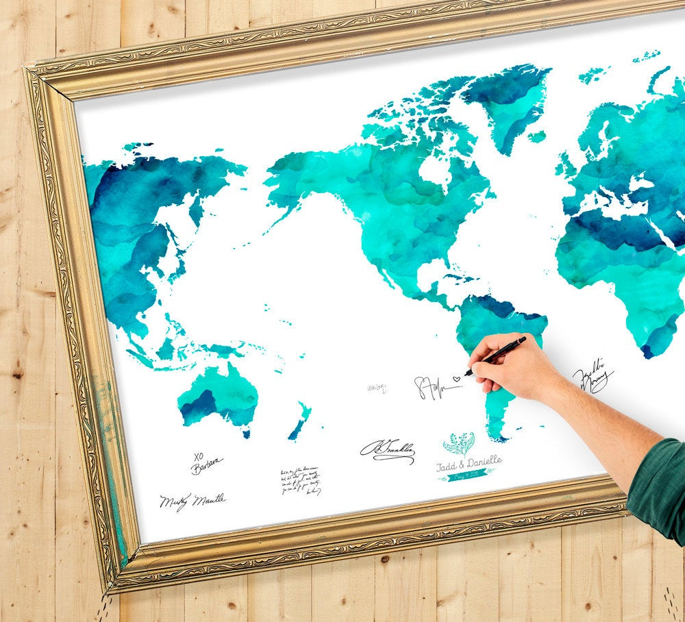 World Map Wedding Guest Book
 Wedding Guest Book Watercolor World Map Custom Color Add