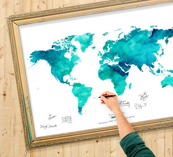World Map Wedding Guest Book
 Wedding Guest Book Watercolor World Map Custom Color Add