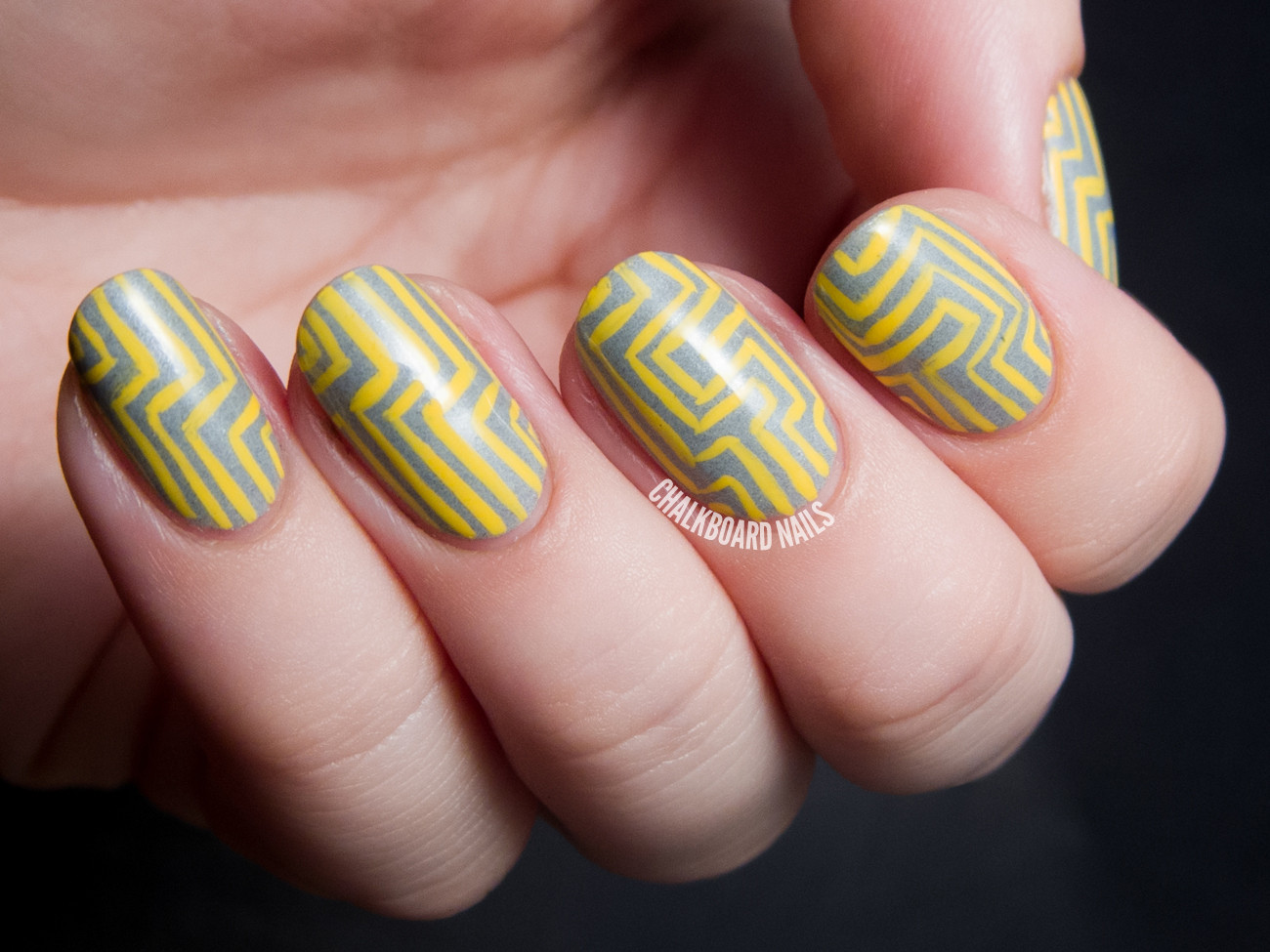 Yellow And Grey Nail Designs
 Yellow and Grey Angular Pattern Chalkboard Nails