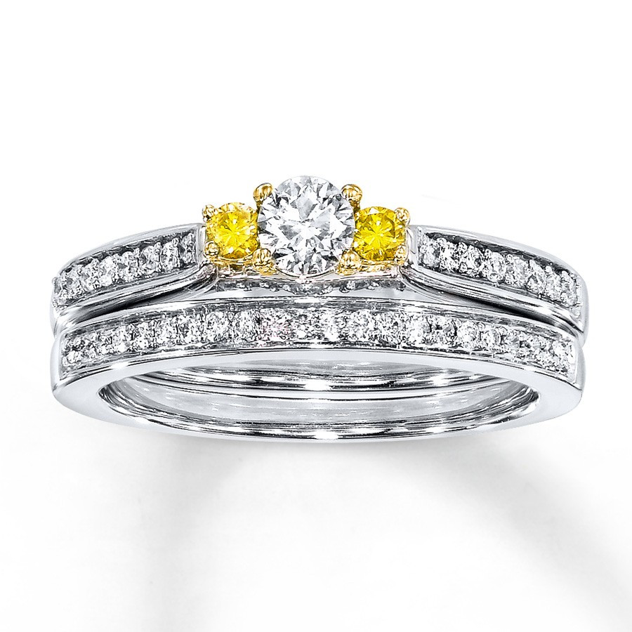 Yellow Diamond Wedding Ring
 Unique 1 Carat Trilogy White and Yellow Diamond Wedding