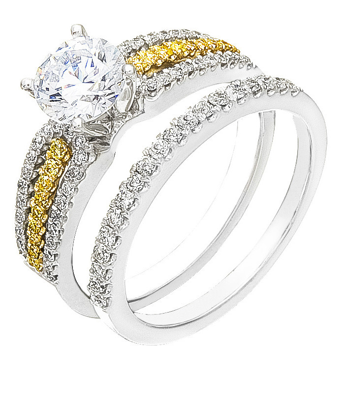 Yellow Diamond Wedding Ring
 White & Yellow Diamonds on Two Tone Gold Ring & Band Set