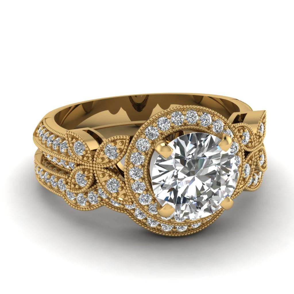 Yellow Diamond Wedding Ring
 Yellow Gold Round White Diamond Engagement Wedding Ring In