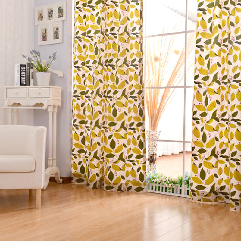 Yellow Living Room Curtains
 Yellow Cotton Living Room Leaf Pattern Curtains