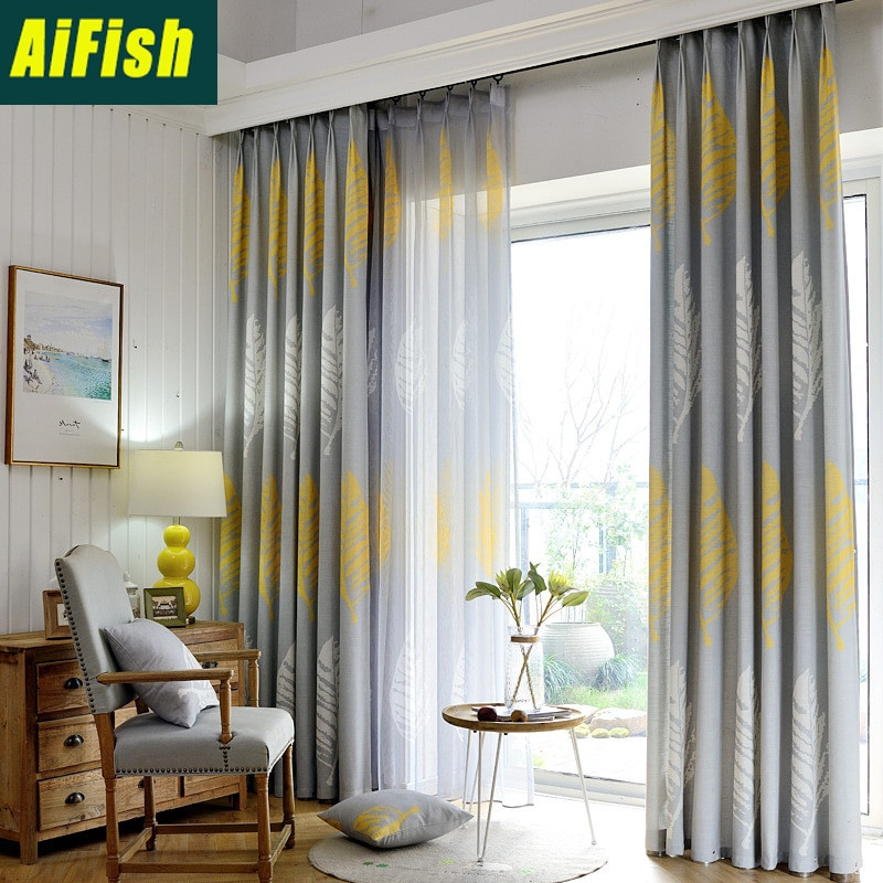 Yellow Living Room Curtains
 Modern Gray yellow tulle Floor cloth fabric Curtains For