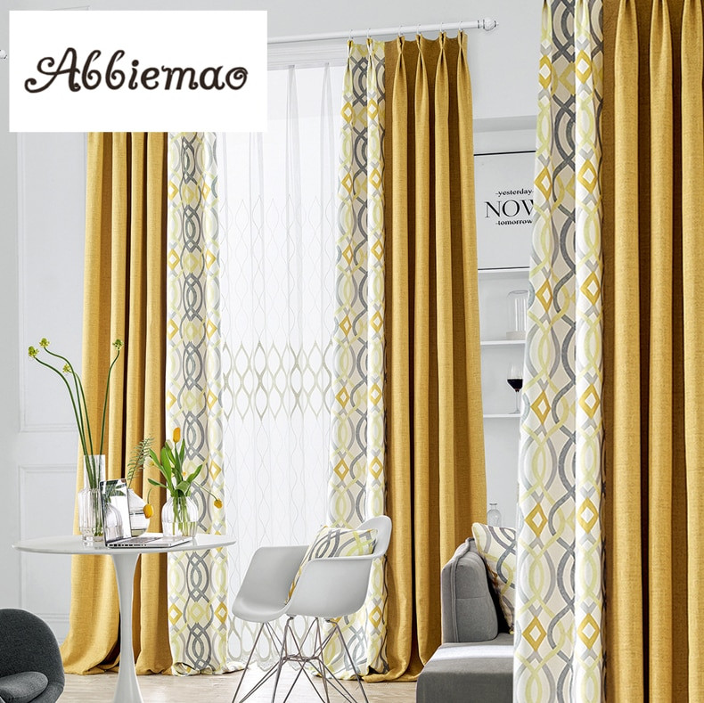 Yellow Living Room Curtains
 Abbiemao Modern Simple Yellow Gray Splicing Curtain For