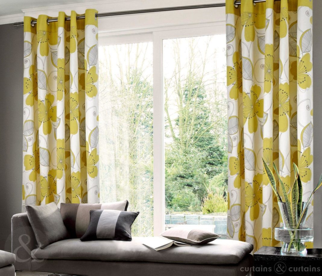 Yellow Living Room Curtains
 grommet top yellow and gray floral curtain in living room