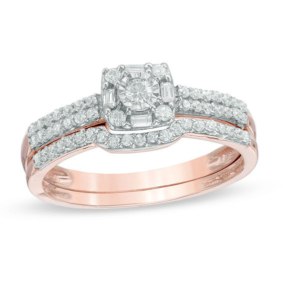 Zales Wedding Band Sets
 1 3 CT T W Diamond Frame Bridal Set in 10K Rose Gold