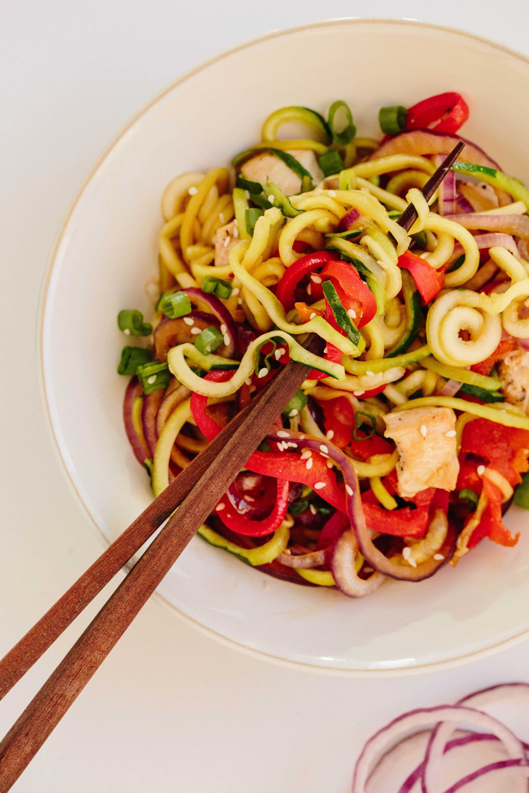 Zucchini Noodles Chicken Stir Fry
 Spicy Sesame Ginger Chicken Stir Fry with Zucchini Noodles